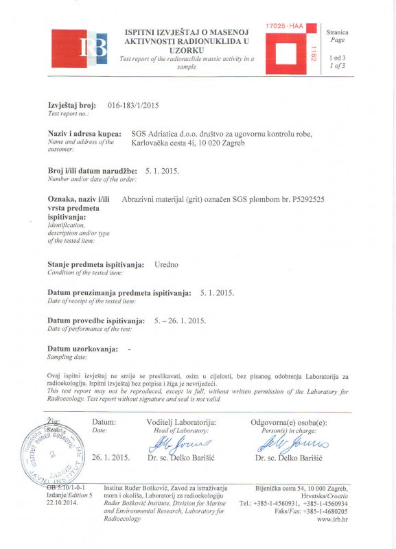 SGS Croatia Certificate of Analysis